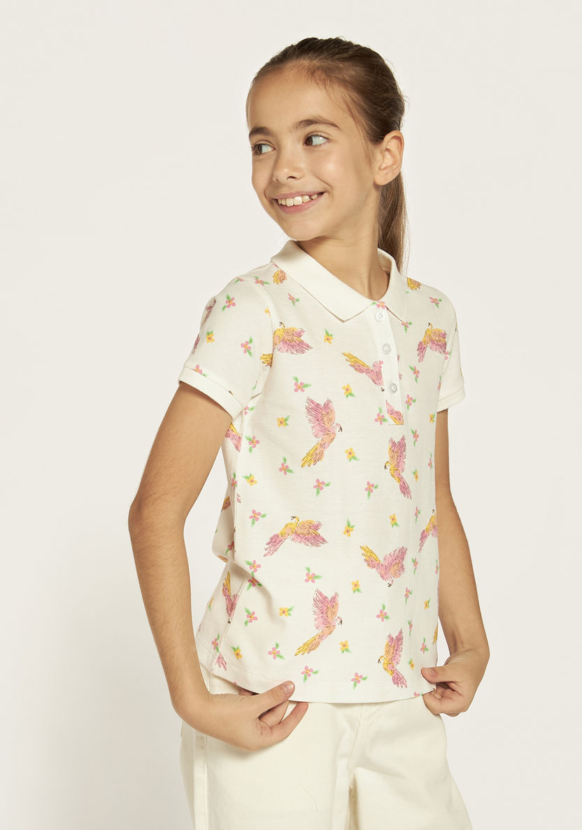 Juniors All-Over Bird Print Polo T-shirt with Short Sleeves-T Shirts-image-0