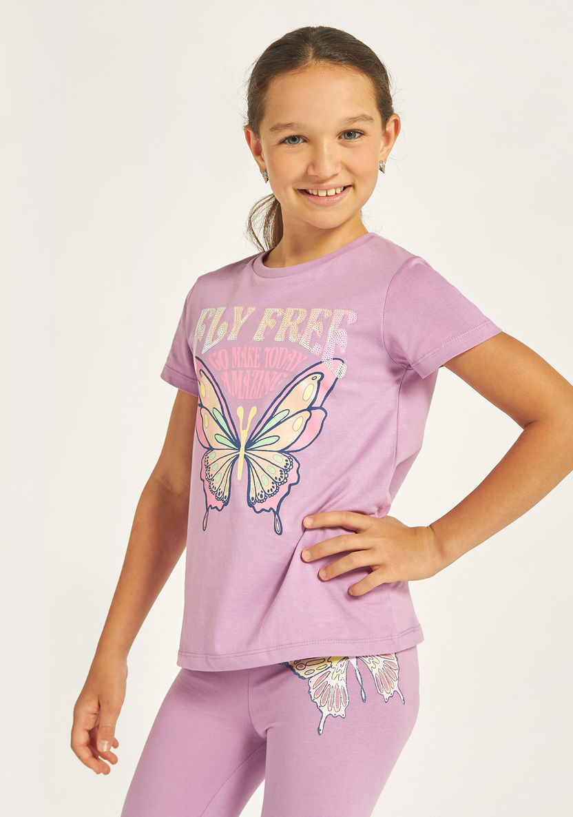 Juniors Butterfly Print Crew Neck T-shirt with Short Sleeves-T Shirts-image-0