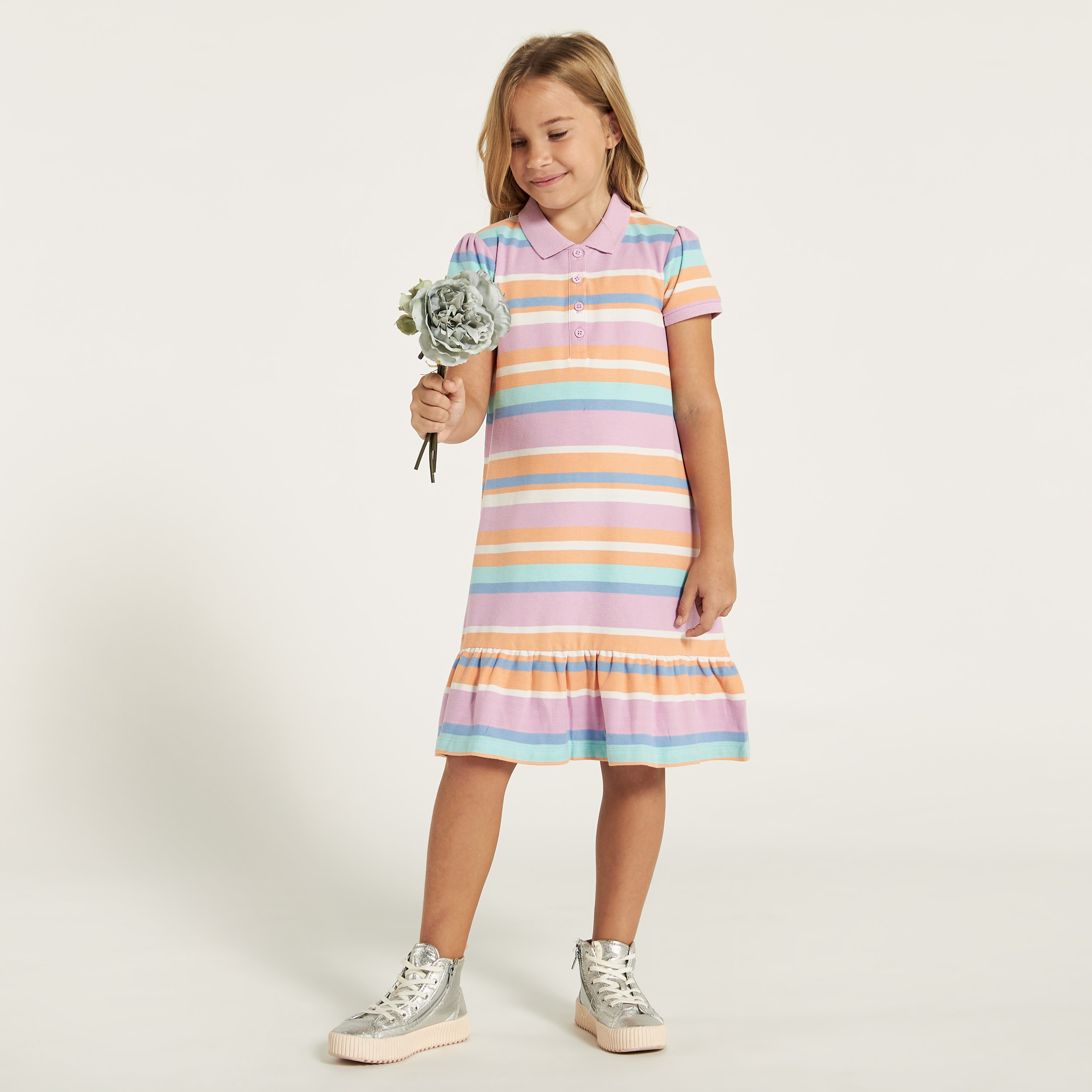 Buy Juniors Striped Polo Dress with Flounce Hem and Button Closure Online for Girls Centrepoint Oman