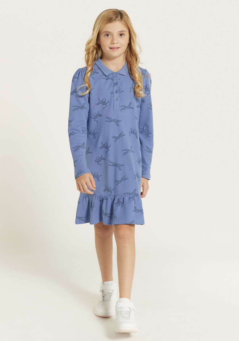 Juniors All-Over Print Polo Dress with Long Sleeves-Dresses, Gowns & Frocks-image-0