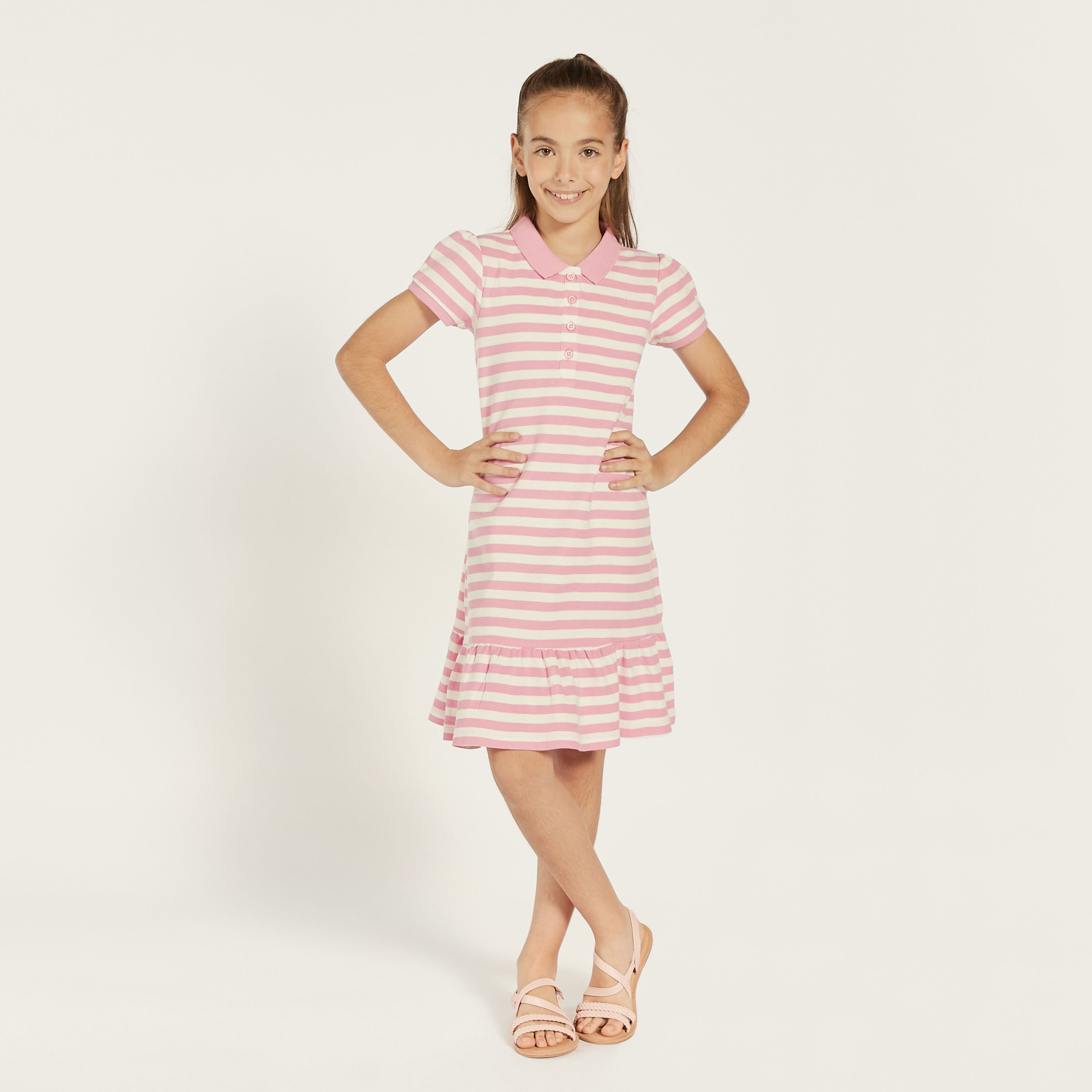 Buy Juniors Striped Polo Dress with Flounce Hem and Button Closure