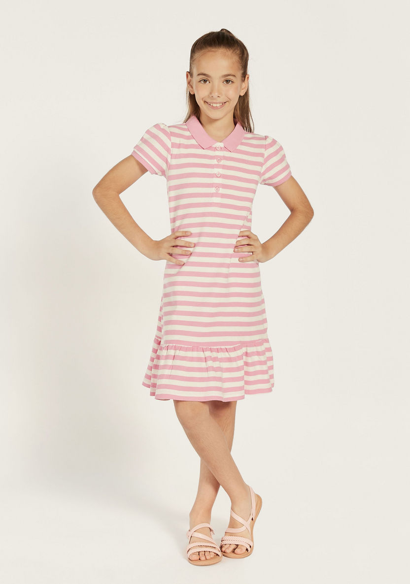 Juniors Striped Polo Dress with Flounce Hem and Button Closure-Dresses, Gowns & Frocks-image-0