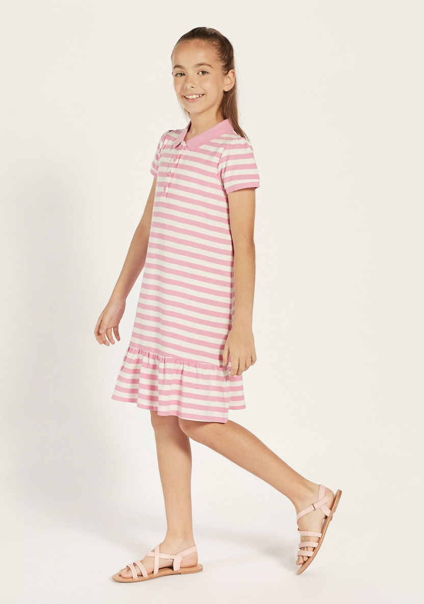 Juniors Striped Polo Dress with Flounce Hem and Button Closure-Dresses, Gowns & Frocks-image-1