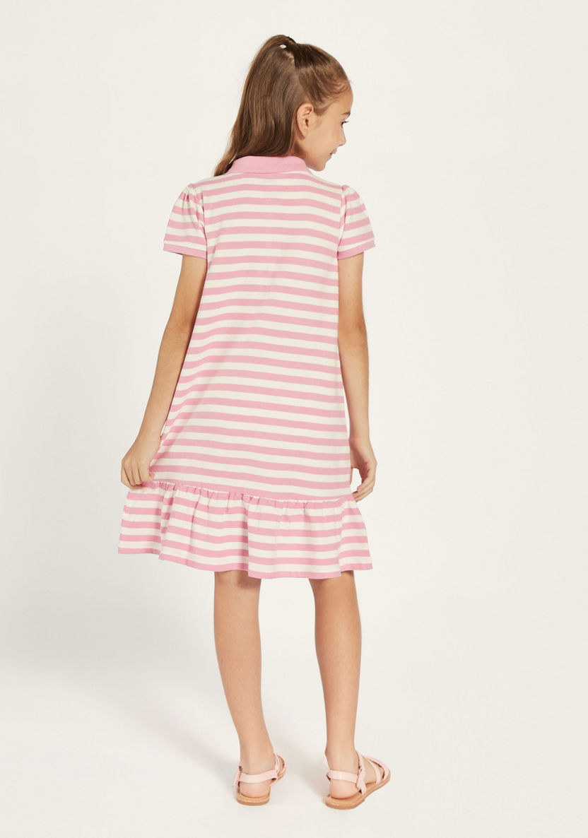 Juniors Striped Polo Dress with Flounce Hem and Button Closure-Dresses, Gowns & Frocks-image-3