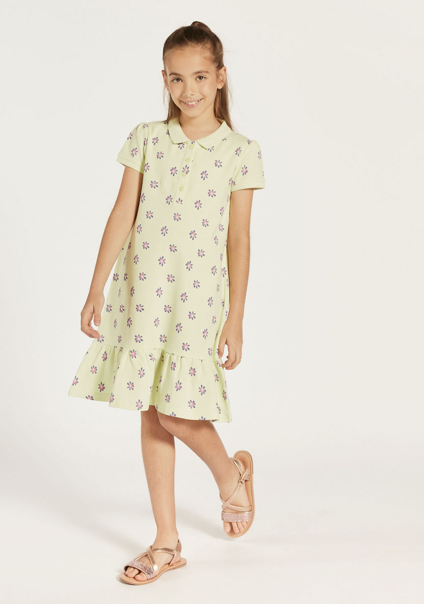 Juniors All-Over Floral Print Polo Dress with Flounce Hem-Dresses, Gowns & Frocks-image-0
