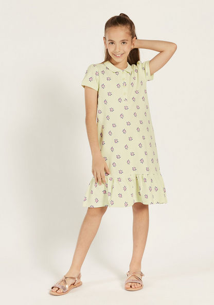 Juniors All-Over Floral Print Polo Dress with Flounce Hem-Dresses%2C Gowns and Frocks-image-1