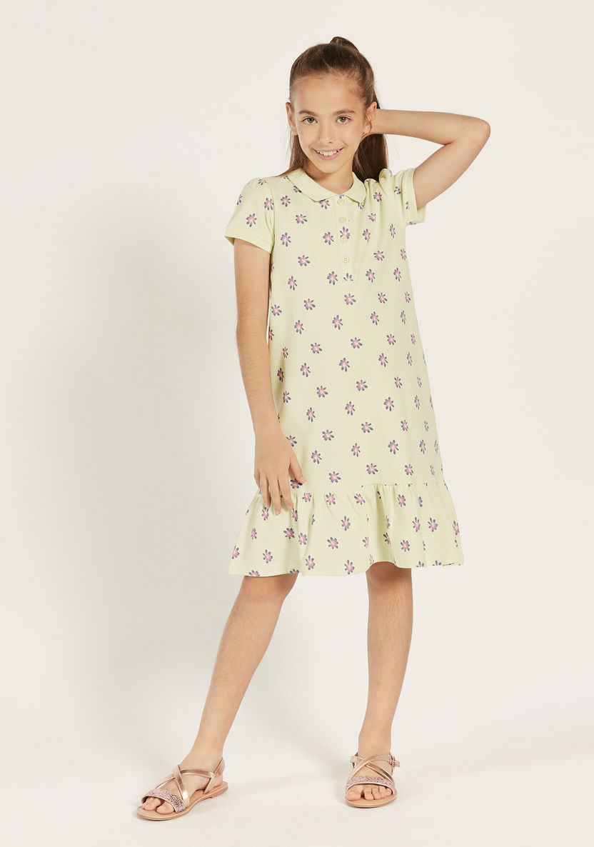 Juniors All-Over Floral Print Polo Dress with Flounce Hem-Dresses, Gowns & Frocks-image-1