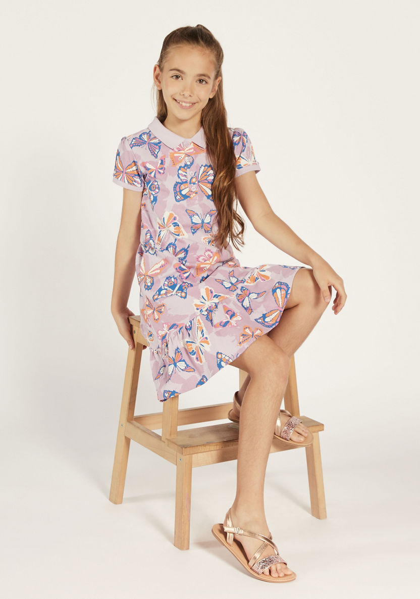 Juniors All-Over Butterfly Print Polo Dress with Flounce Hem-Dresses%2C Gowns and Frocks-image-0