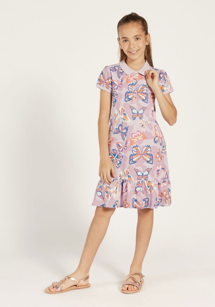 Juniors All-Over Butterfly Print Polo Dress with Flounce Hem-Dresses%2C Gowns and Frocks-image-1