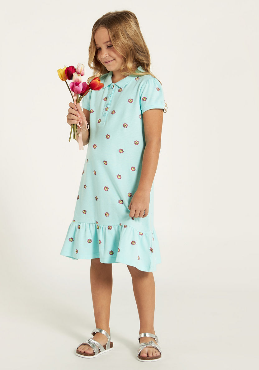 Juniors All-Over Floral Print Polo Dress with Flounce Hem and Button Closure-Dresses, Gowns & Frocks-image-0