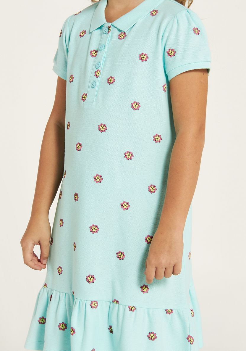Juniors All-Over Floral Print Polo Dress with Flounce Hem and Button Closure-Dresses, Gowns & Frocks-image-1