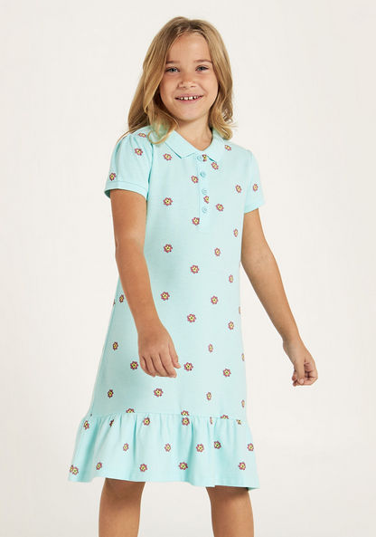 Juniors All-Over Floral Print Polo Dress with Flounce Hem and Button Closure-Dresses%2C Gowns and Frocks-image-2