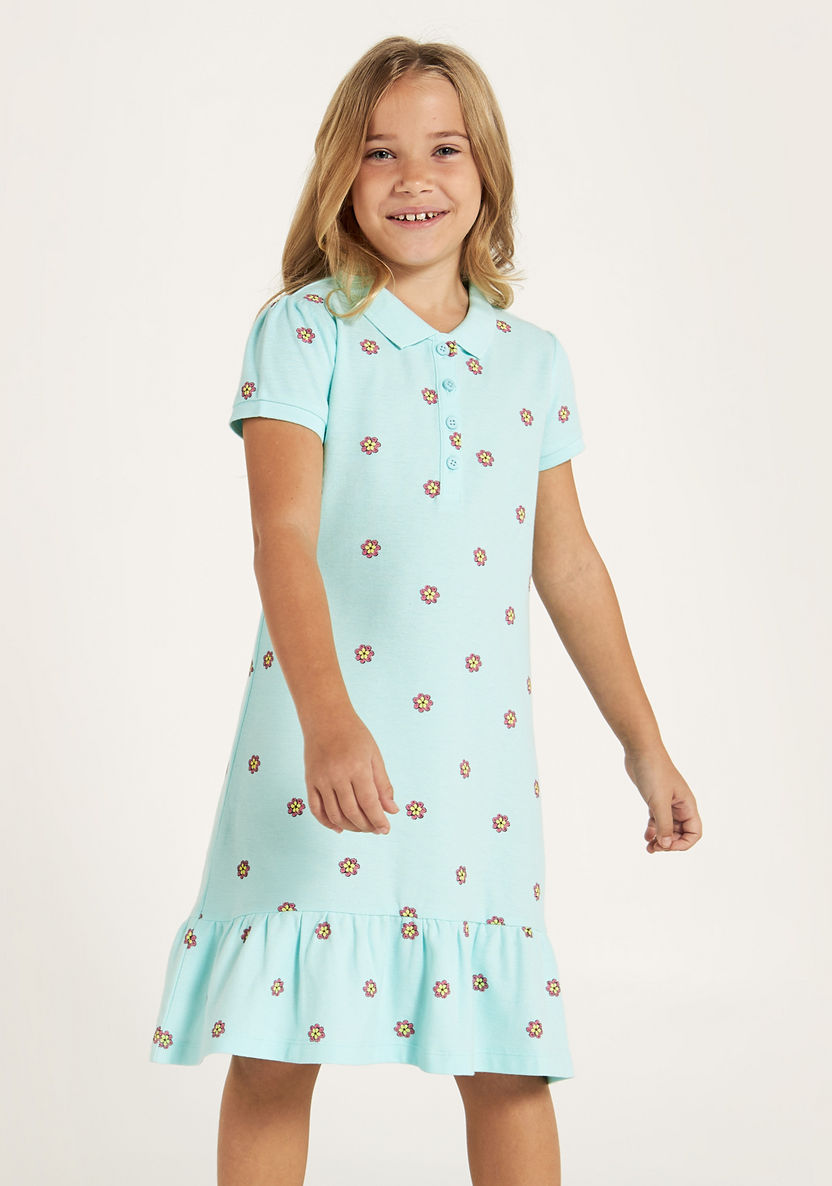 Juniors All-Over Floral Print Polo Dress with Flounce Hem and Button Closure-Dresses, Gowns & Frocks-image-2