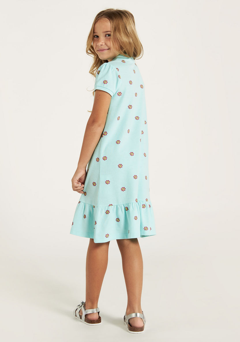 Juniors All-Over Floral Print Polo Dress with Flounce Hem and Button Closure-Dresses, Gowns & Frocks-image-3