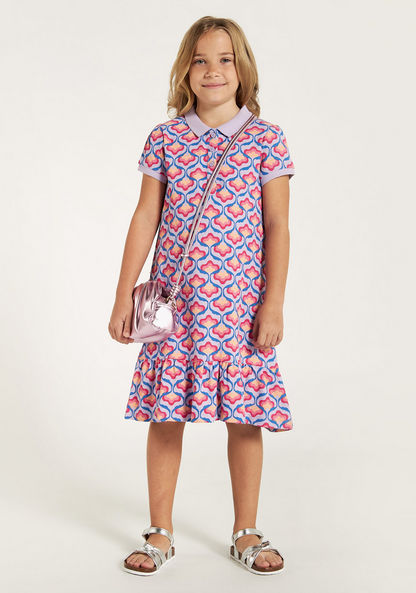 Juniors All-Over Print Polo Dress with Flounce Hem and Button Closure-Dresses%2C Gowns and Frocks-image-0