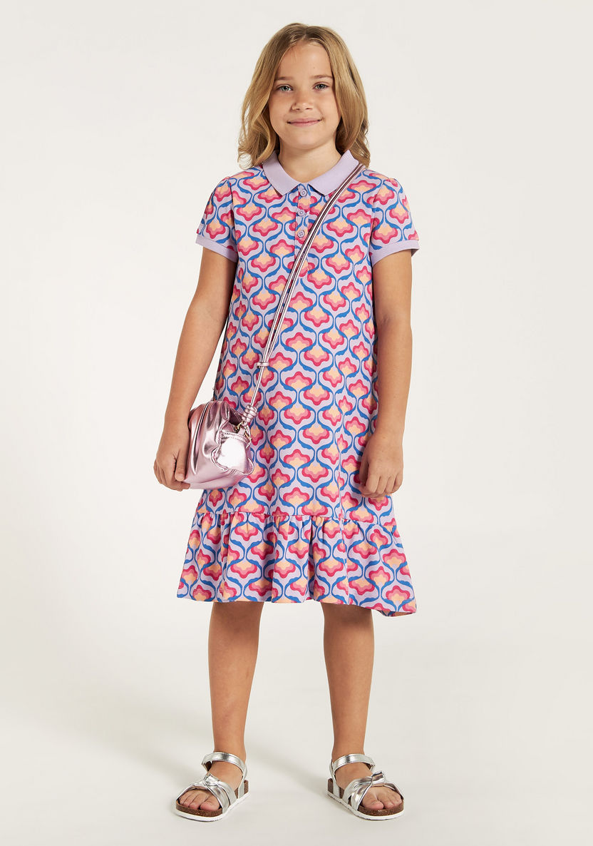 Juniors All-Over Print Polo Dress with Flounce Hem and Button Closure-Dresses%2C Gowns and Frocks-image-0