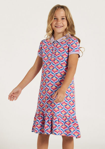 Juniors All-Over Print Polo Dress with Flounce Hem and Button Closure-Dresses%2C Gowns and Frocks-image-2