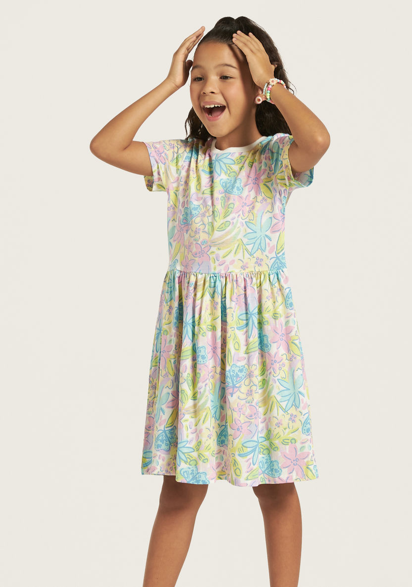 Juniors All-Over Floral Print Dress with Short Sleeves-Dresses, Gowns & Frocks-image-1