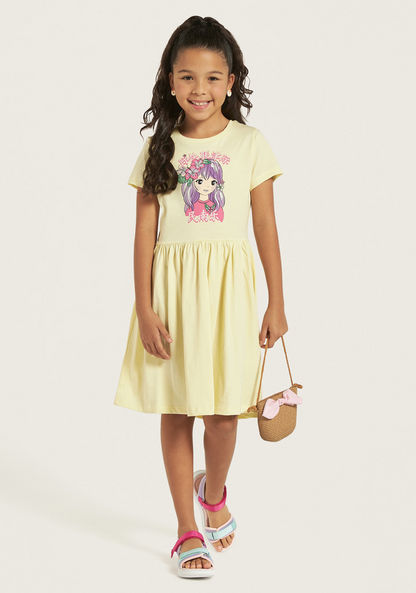 Juniors Graphic Print Dress with Short Sleeves-Dresses%2C Gowns and Frocks-image-0