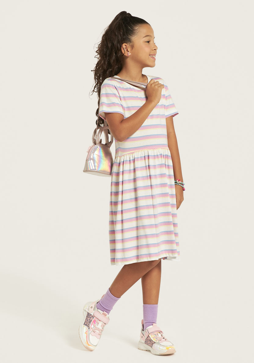 Juniors Striped Round Neck A-line Dress with Short Sleeves-Dresses%2C Gowns and Frocks-image-0