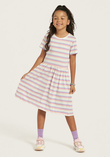 Juniors Striped Round Neck A-line Dress with Short Sleeves-Dresses%2C Gowns and Frocks-image-1
