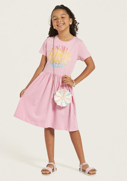 Juniors Slogan Print Dress with Short Sleeves-Dresses%2C Gowns and Frocks-image-0