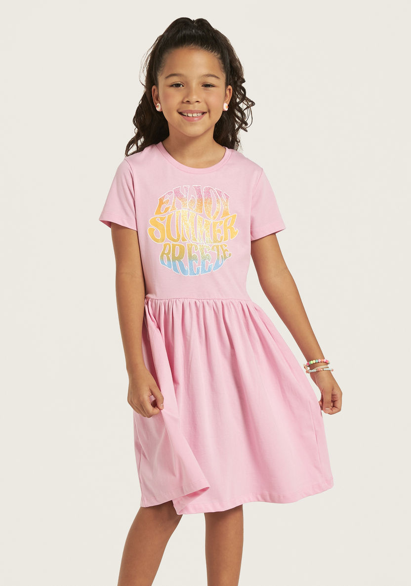 Juniors Slogan Print Dress with Short Sleeves-Dresses%2C Gowns and Frocks-image-1