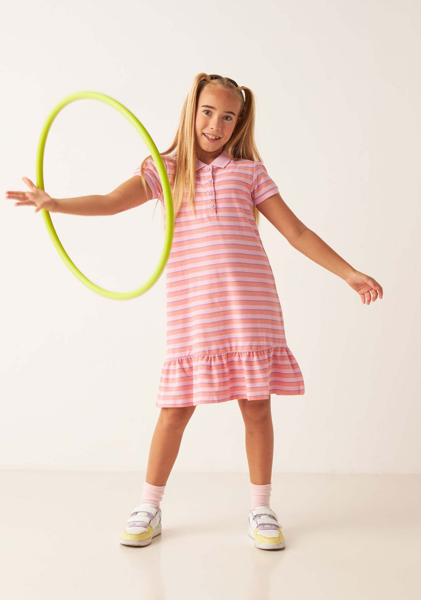 Juniors Striped Polo Dress with Flounce Hem-Dresses%2C Gowns and Frocks-image-0