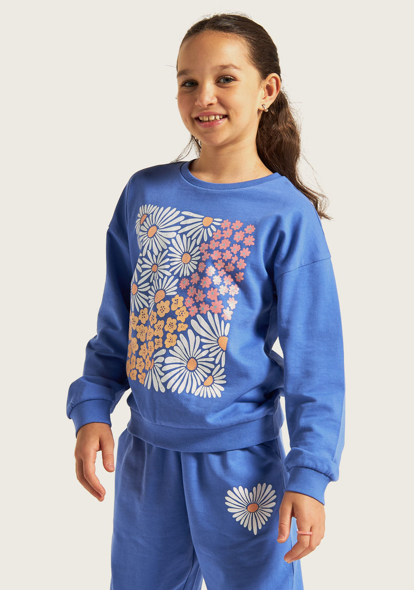 Juniors Floral Print Sweatshirt with Crew Neck and Long Sleeves-Sweatshirts-image-0