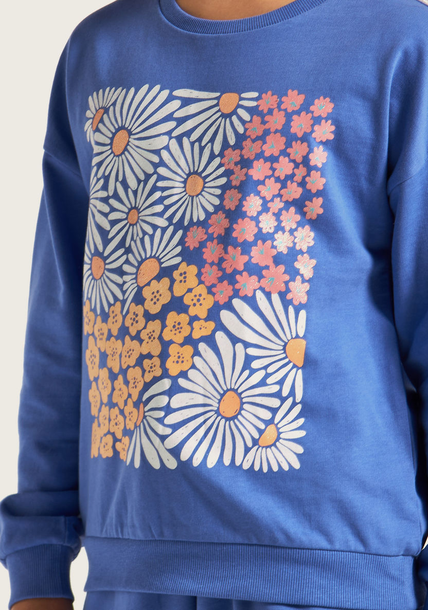 Juniors Floral Print Sweatshirt with Crew Neck and Long Sleeves-Sweatshirts-image-2