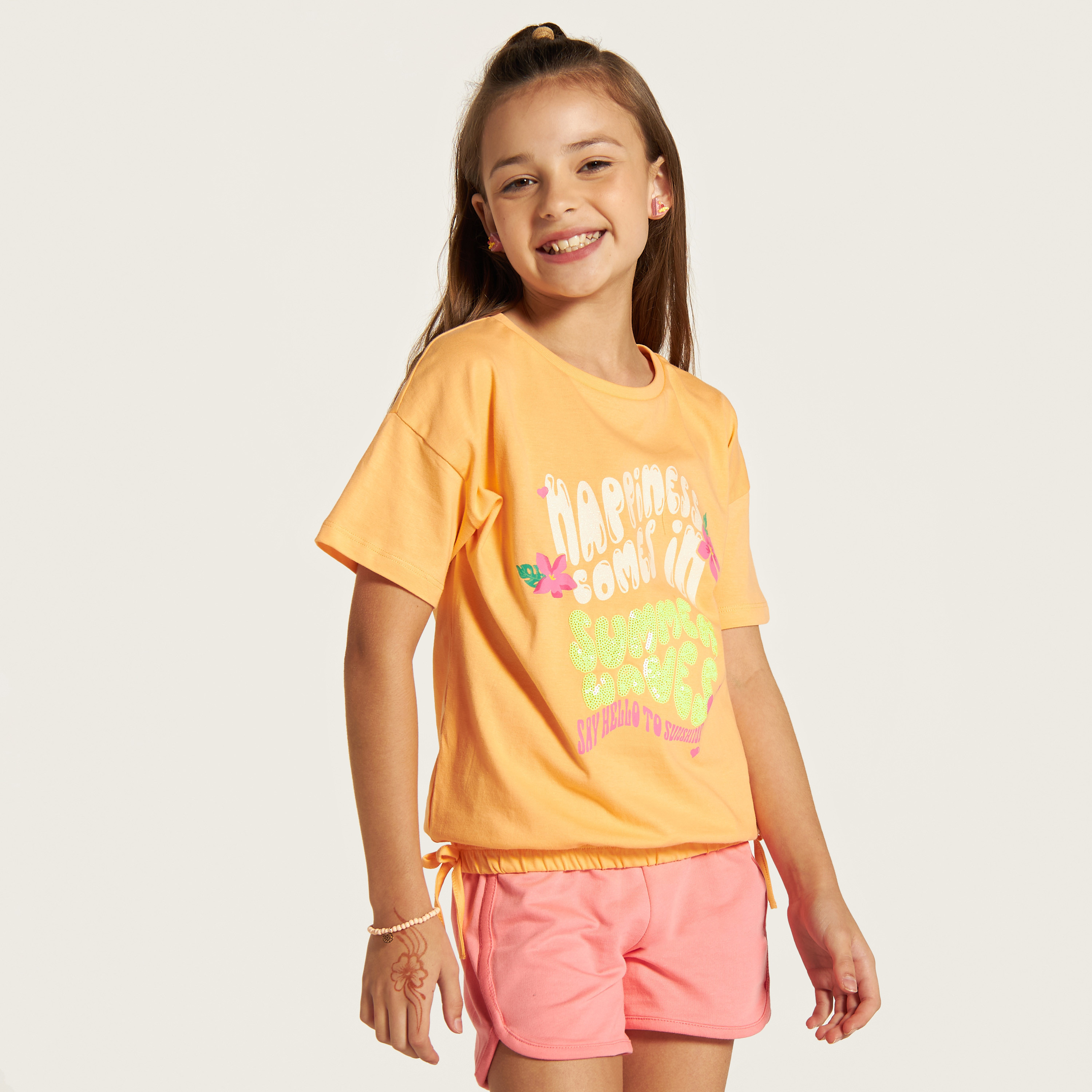 Juniors Slogan Embellished Crew Neck T-shirt with Short Sleeves-girls-clothing-schoolwear-tshirts-image-1