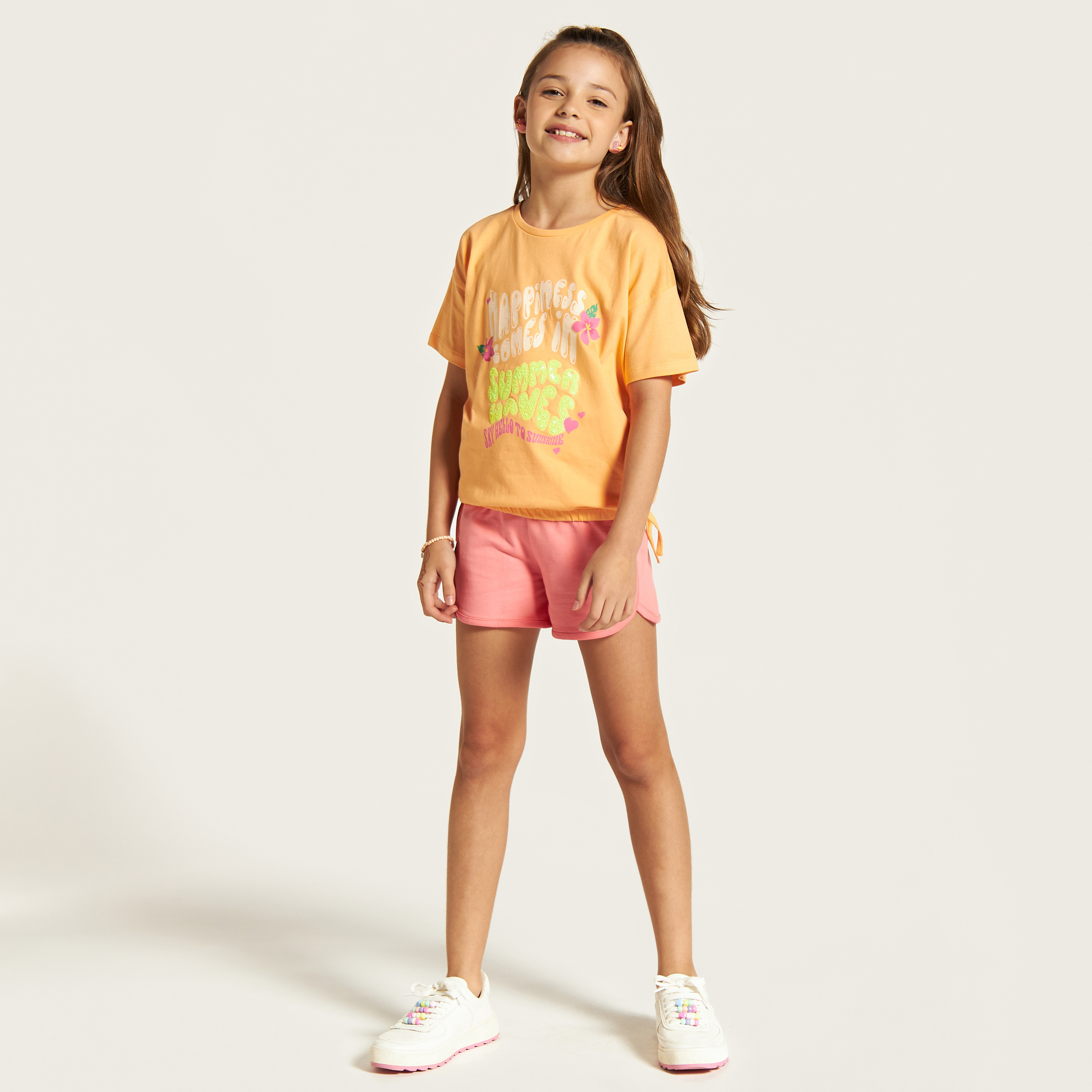 Juniors Slogan Embellished Crew Neck T-shirt with Short Sleeves-girls-clothing-schoolwear-tshirts-image-2