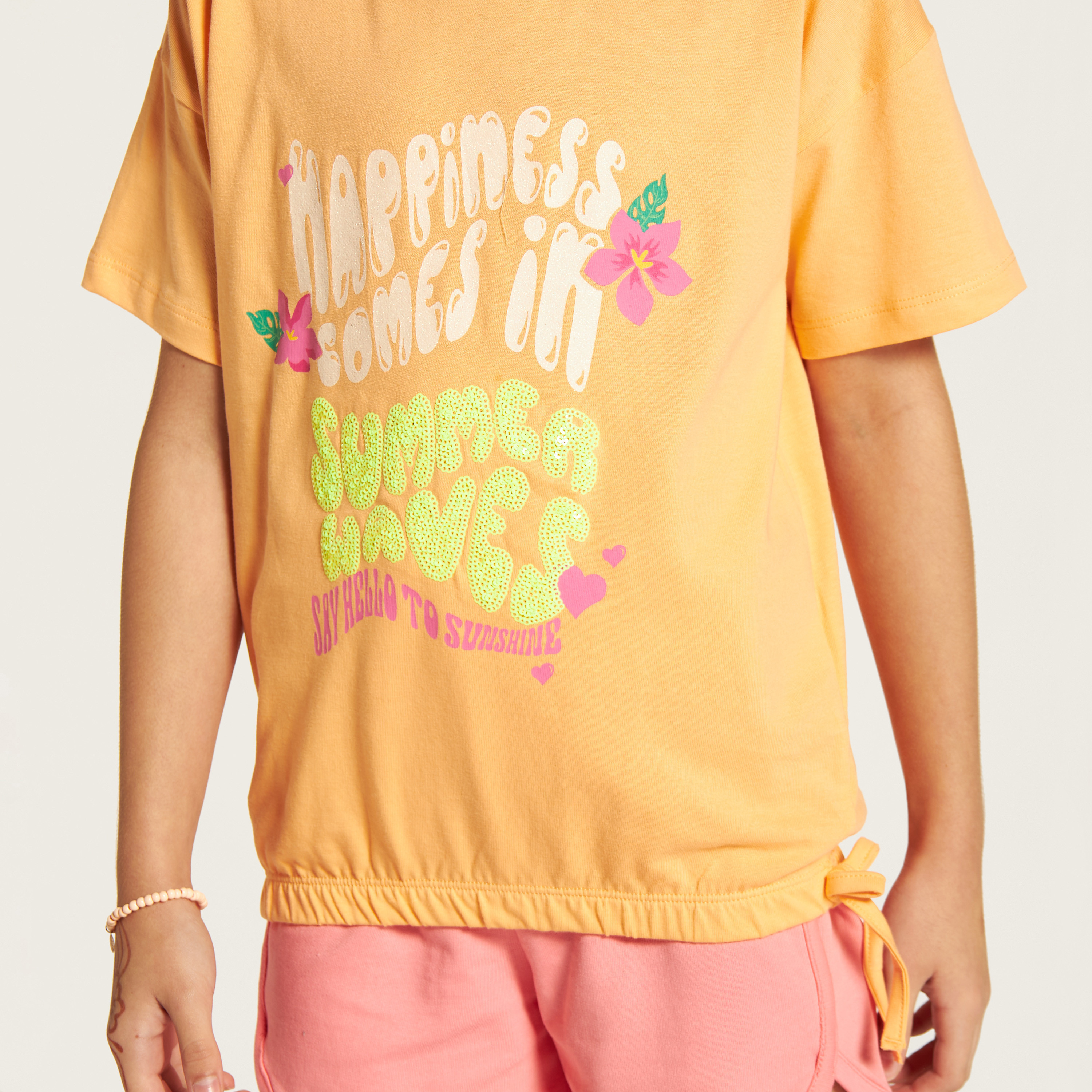 Juniors Slogan Embellished Crew Neck T-shirt with Short Sleeves-girls-clothing-schoolwear-tshirts-image-3