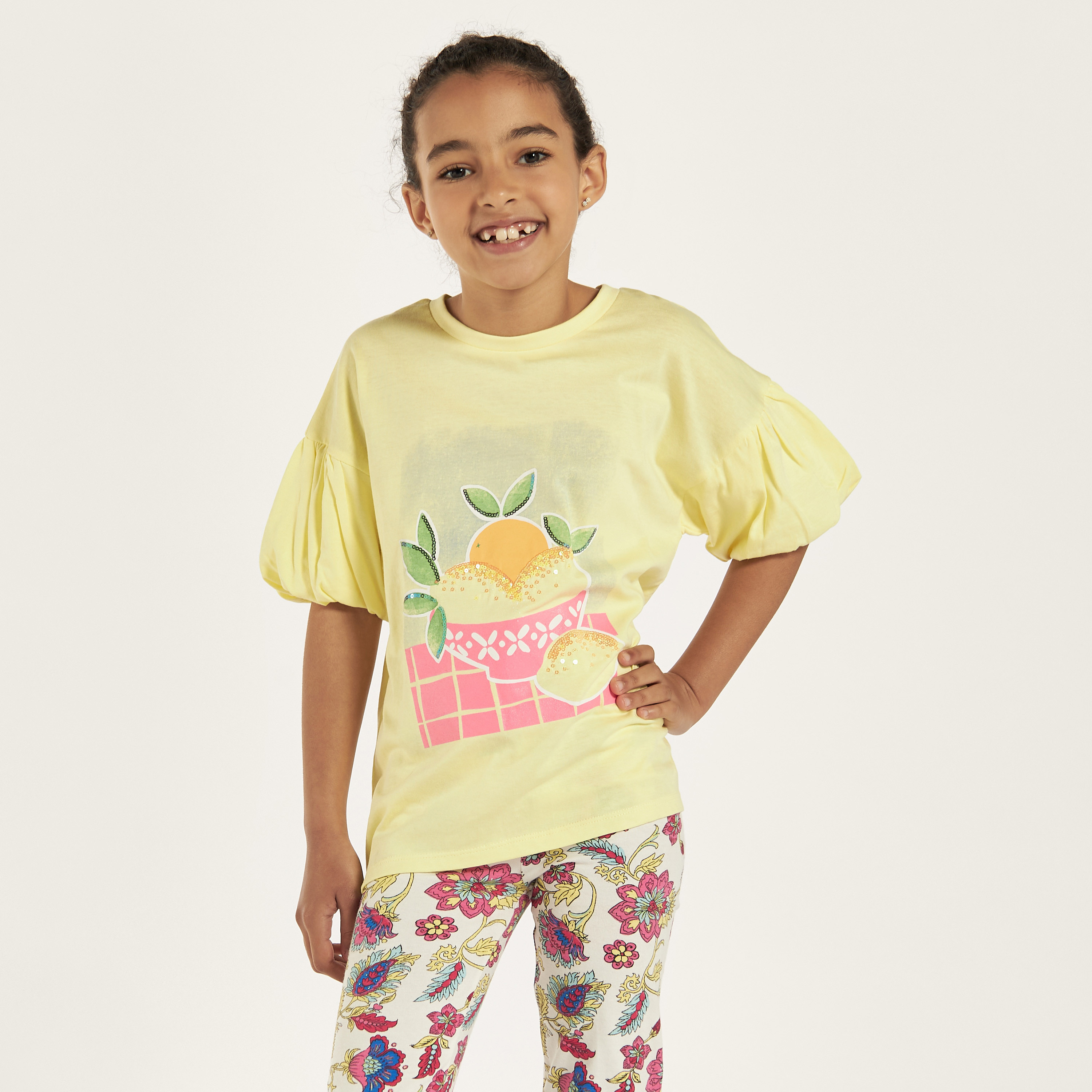 Juniors Graphic Print T-shirt with Balloon Sleeves-girls-clothing-schoolwear-tshirts-image-1