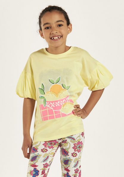 Juniors Graphic Print T-shirt with Balloon Sleeves-T Shirts-image-0