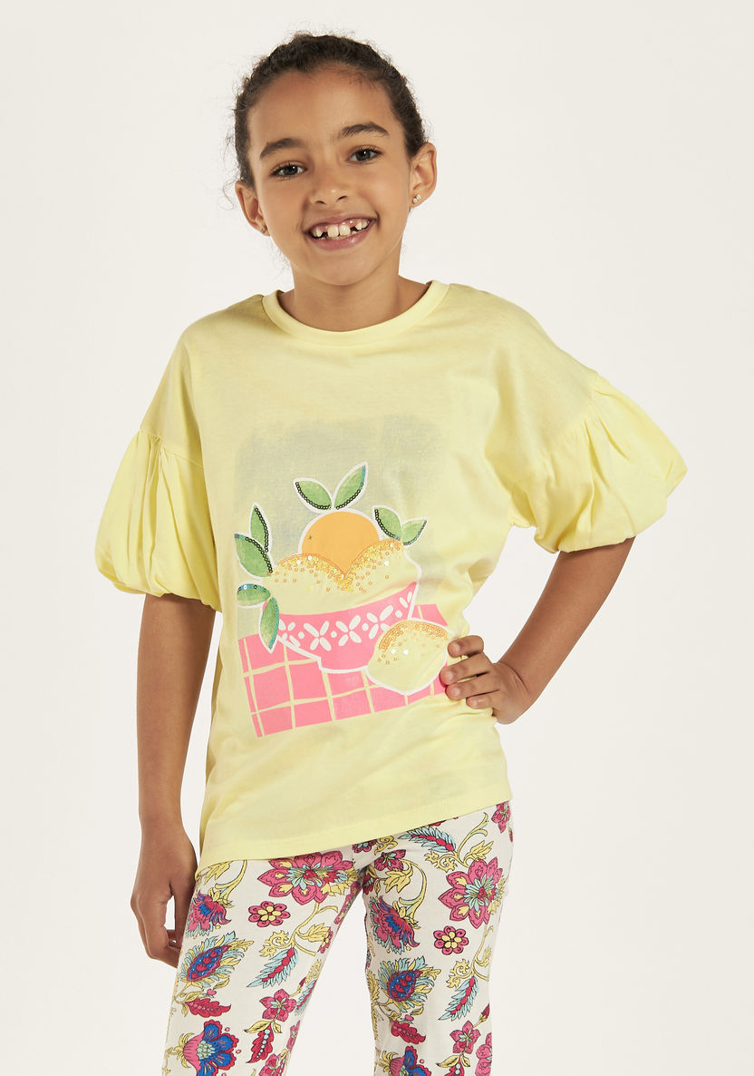 Juniors Graphic Print T-shirt with Balloon Sleeves-T Shirts-image-0