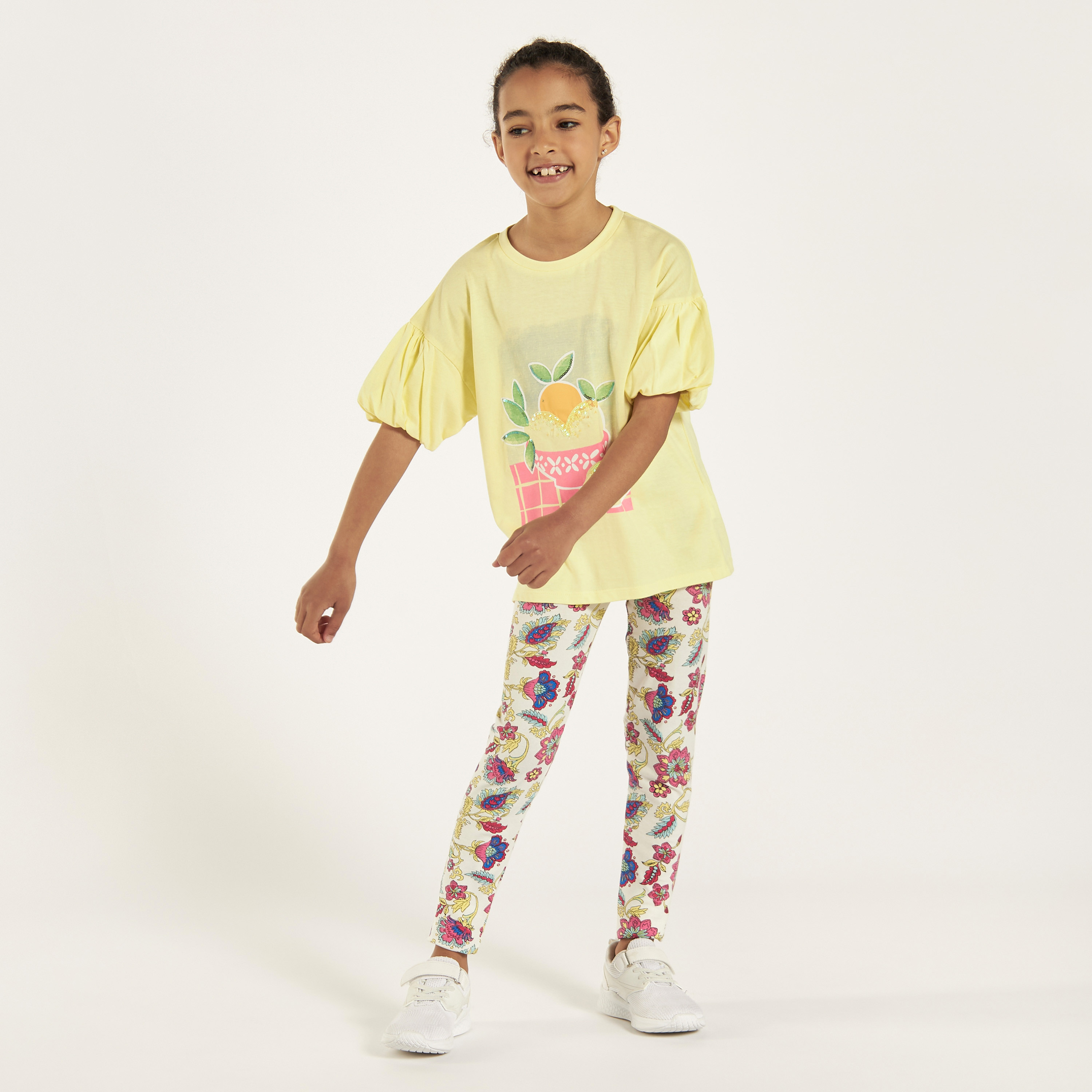 Juniors Graphic Print T-shirt with Balloon Sleeves-girls-clothing-schoolwear-tshirts-image-2