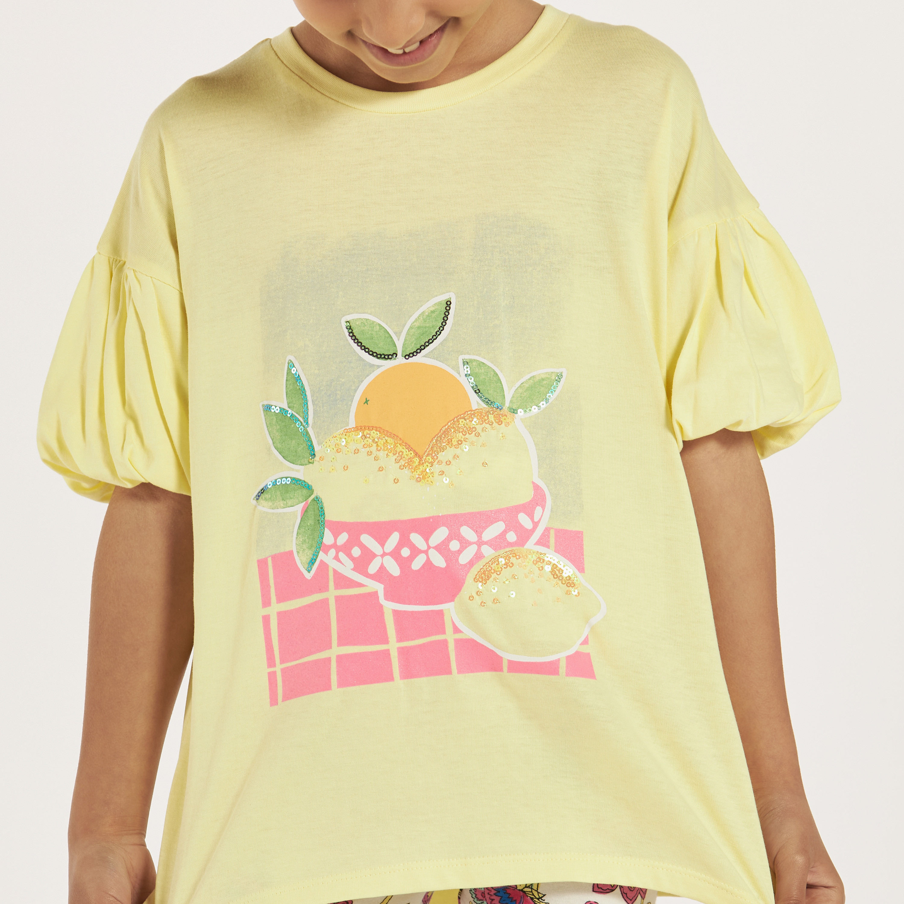 Juniors Graphic Print T-shirt with Balloon Sleeves-girls-clothing-schoolwear-tshirts-image-3