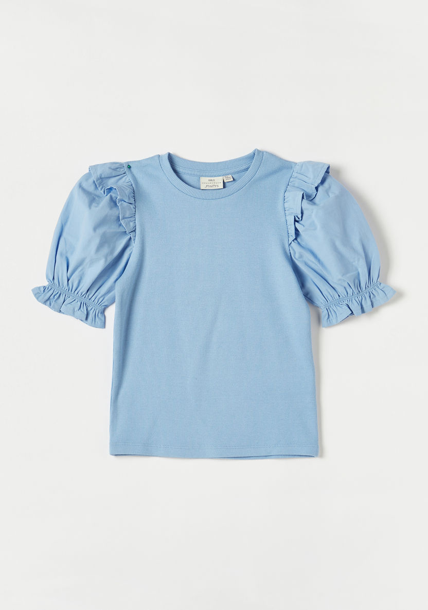 Juniors Ribbed Top with Ruffles and Puff Sleeves-T Shirts-image-0