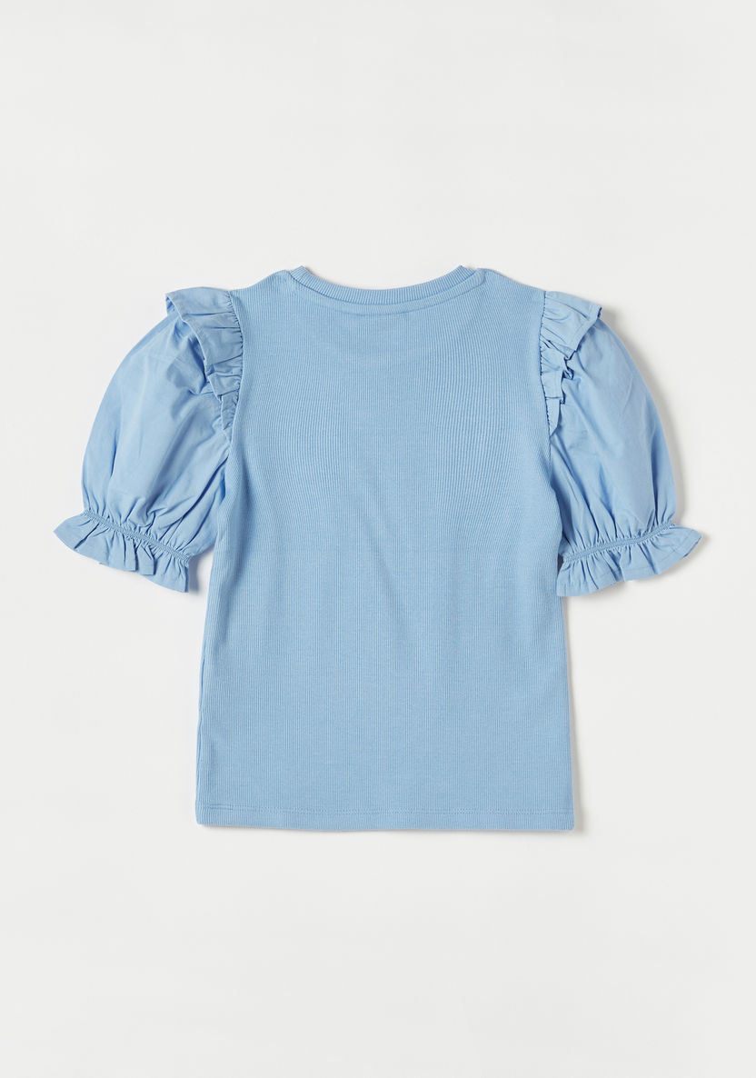 Juniors Ribbed Top with Ruffles and Puff Sleeves-T Shirts-image-3