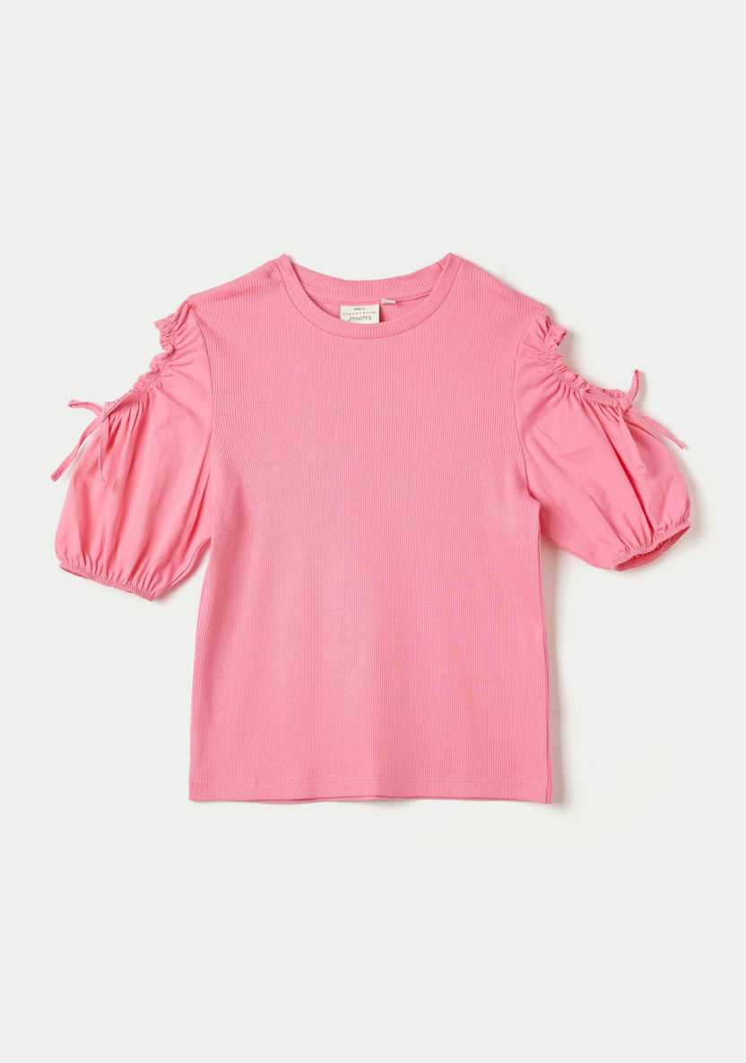 Juniors Ribbed Top with Cold Shoulder Sleeves and Bow Accent-T Shirts-image-0