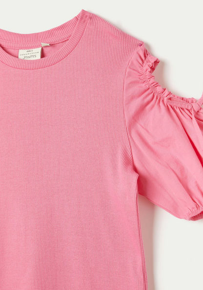 Juniors Ribbed Top with Cold Shoulder Sleeves and Bow Accent-T Shirts-image-1
