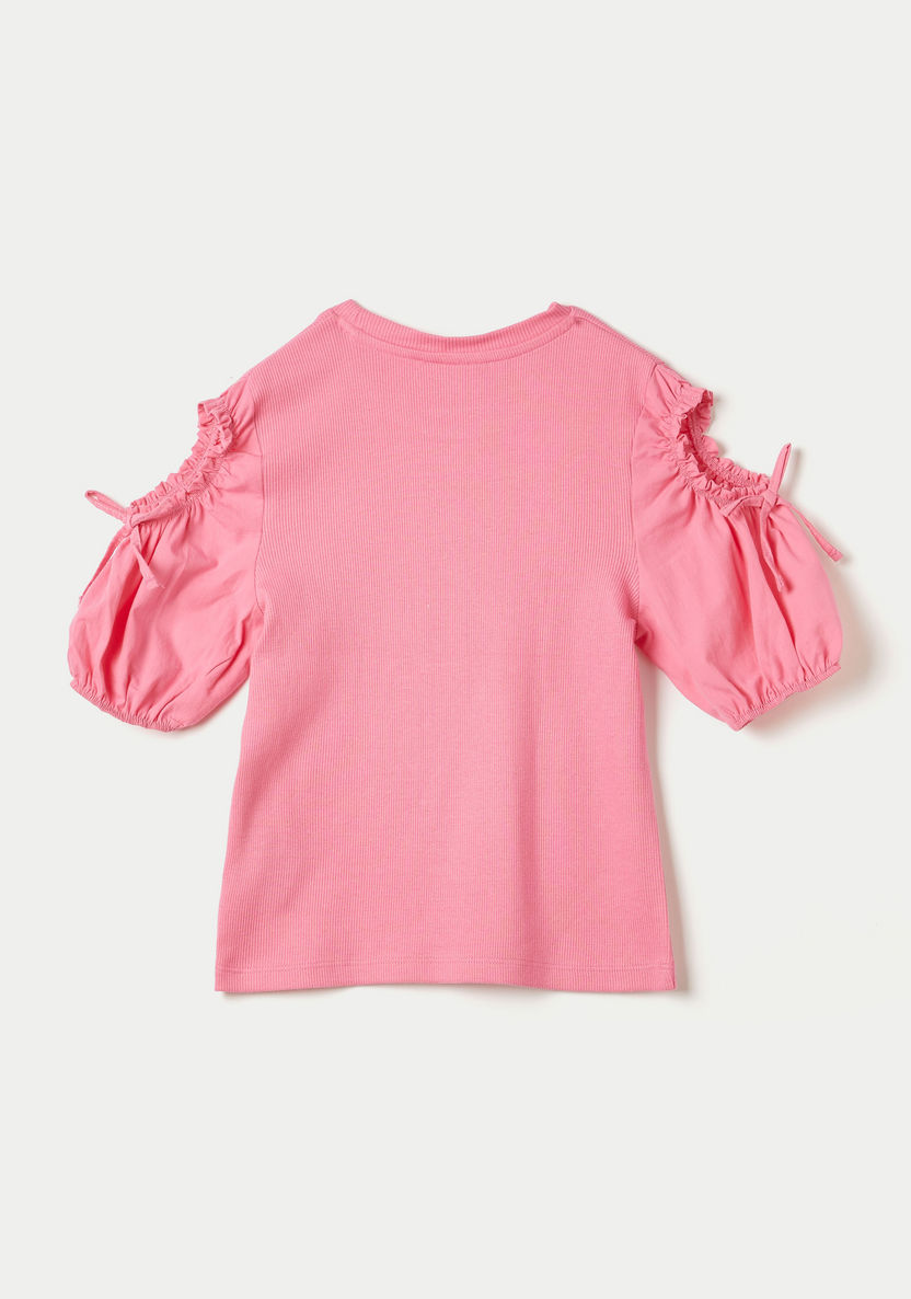 Juniors Ribbed Top with Cold Shoulder Sleeves and Bow Accent-T Shirts-image-3