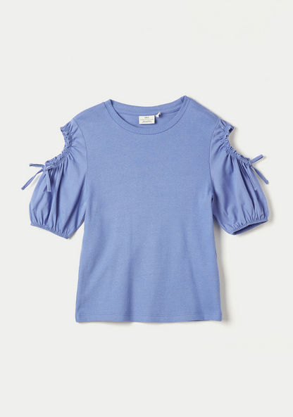 Juniors Ribbed Top with Cold Shoulder Sleeves and Bow Accent-T Shirts-image-0