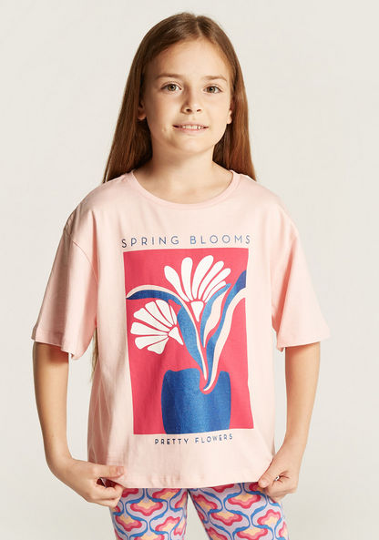 Juniors Floral Print T-shirt with Round Neck and Short Sleeves-T Shirts-image-0