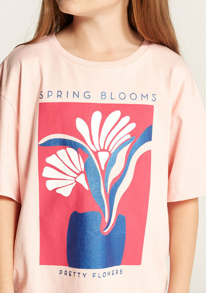 Juniors Floral Print T-shirt with Round Neck and Short Sleeves-T Shirts-image-2
