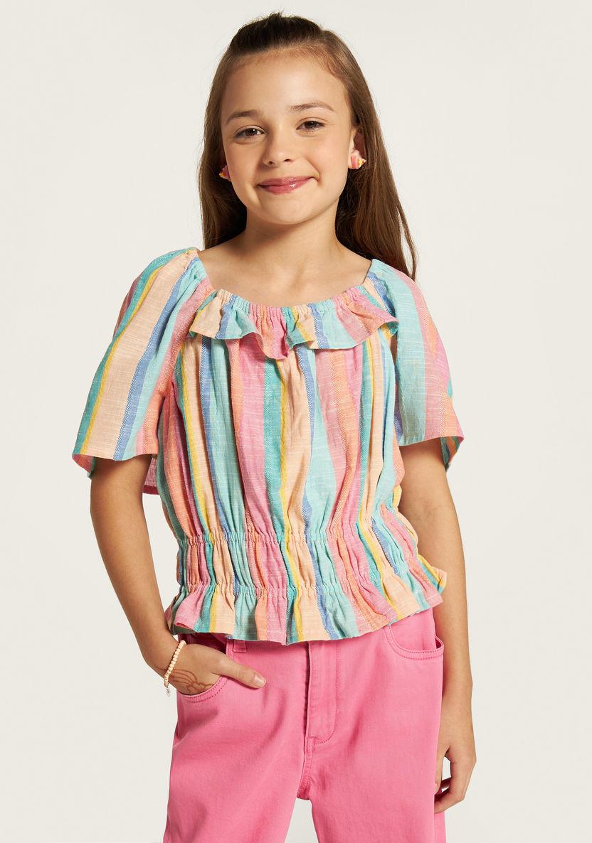 Juniors All-Over Striped Top with Ruffle Detail and Short Sleeves-Blouses-image-0
