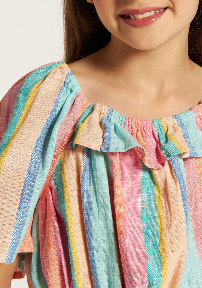 Juniors All-Over Striped Top with Ruffle Detail and Short Sleeves-Blouses-image-2