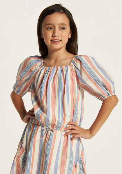 Juniors Striped Square Neck Top with Short Sleeves and Elasticated Hem-Blouses-image-0
