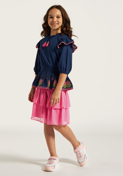 Juniors Embroidered Peplum Top with Ruffles and Bow Accent-Blouses-image-0
